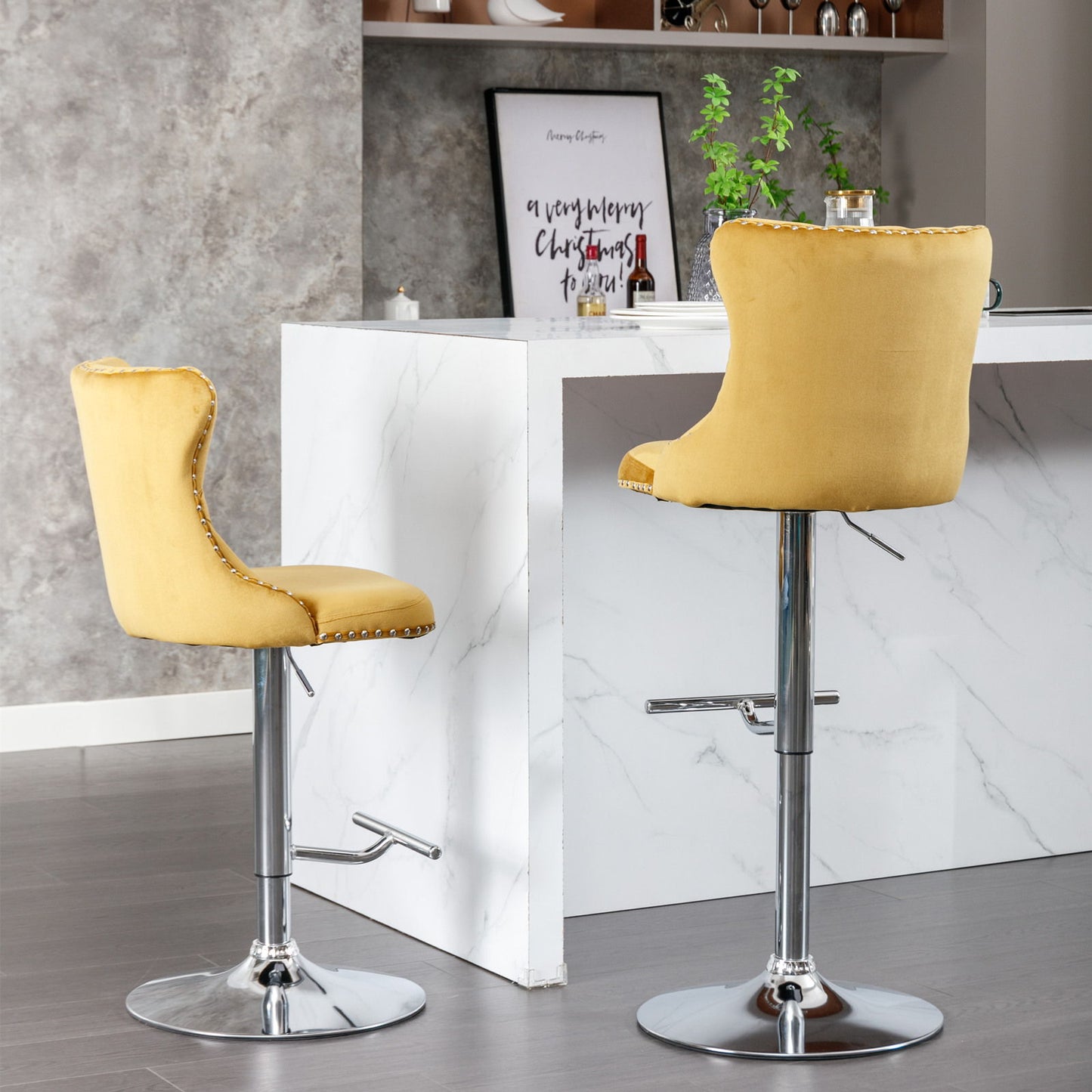 Swivel Velvet Barstools Adjusatble Seat Height From 25-33", Modern Upholstered Chrome Base Bar Stools With Backs Comfortable Tufted For Home Pub And Kitchen Island (Set of 2) - Gold
