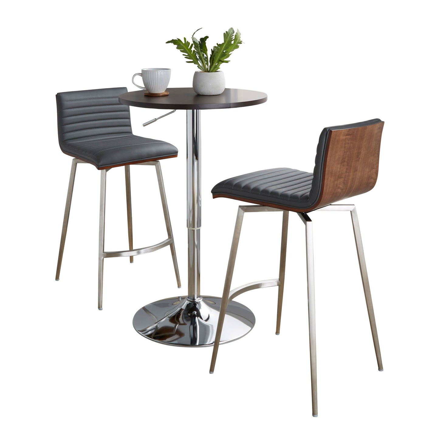 Mason - 3 Piece Swivel Mid-Century Modern Counter Height Dining Set With Adjustable Table - Chrome / Brown / Gray