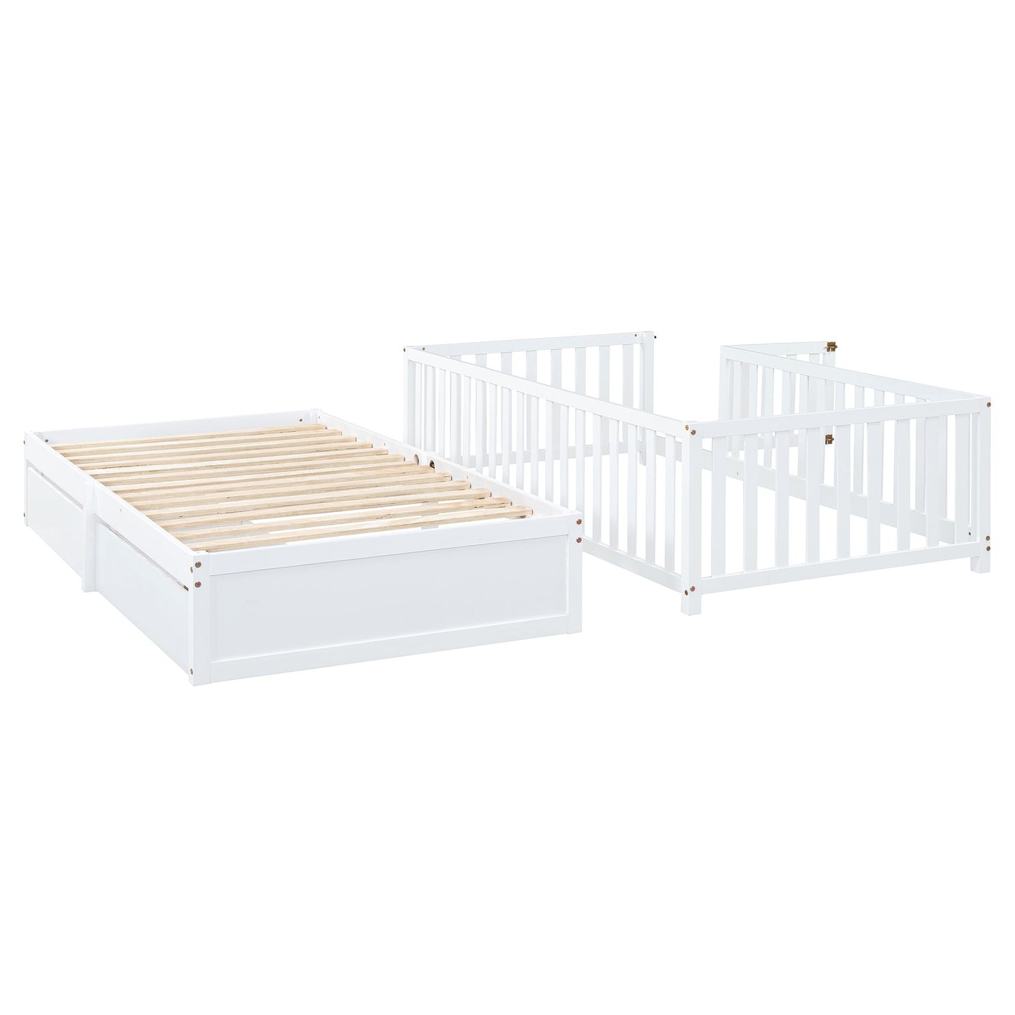 Twin Size Daybed With Fence Guardrails And 2 Drawers, Split Into Independent Floor Bed & Daybed - White
