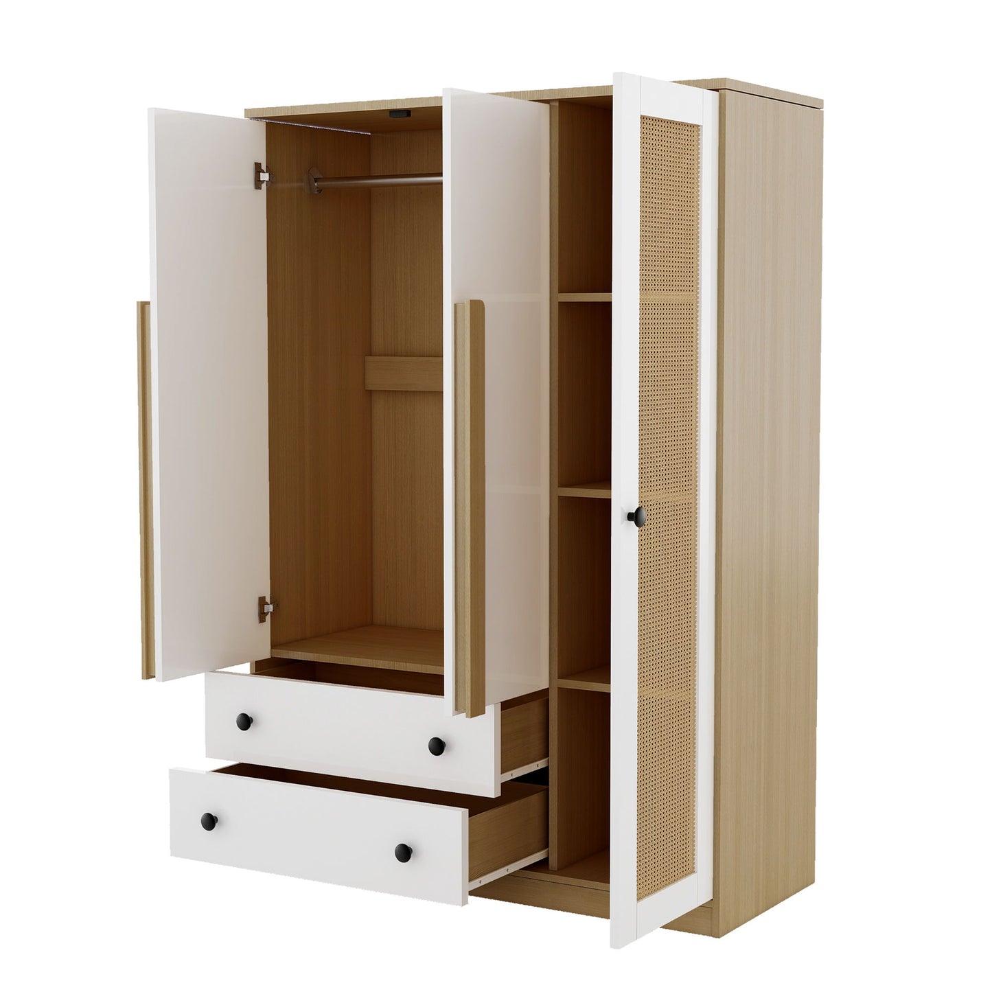 3 Doors Rattan Wardrobe Storage For Bedroom, With 2 Drawers - White / Nature