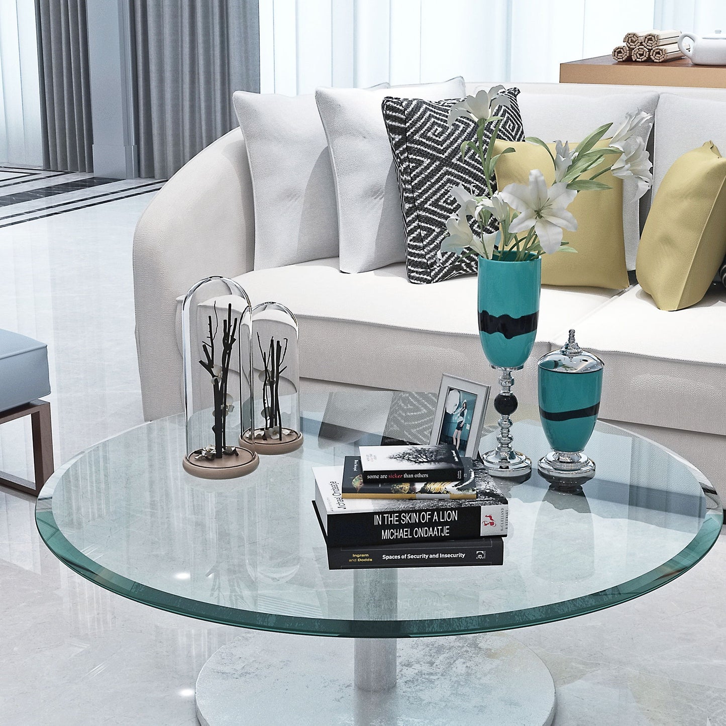 32" Round Tempered Glass Table, Top Clear Glass 2 / 5" Thick Beveled Polished Edge - Transparent
