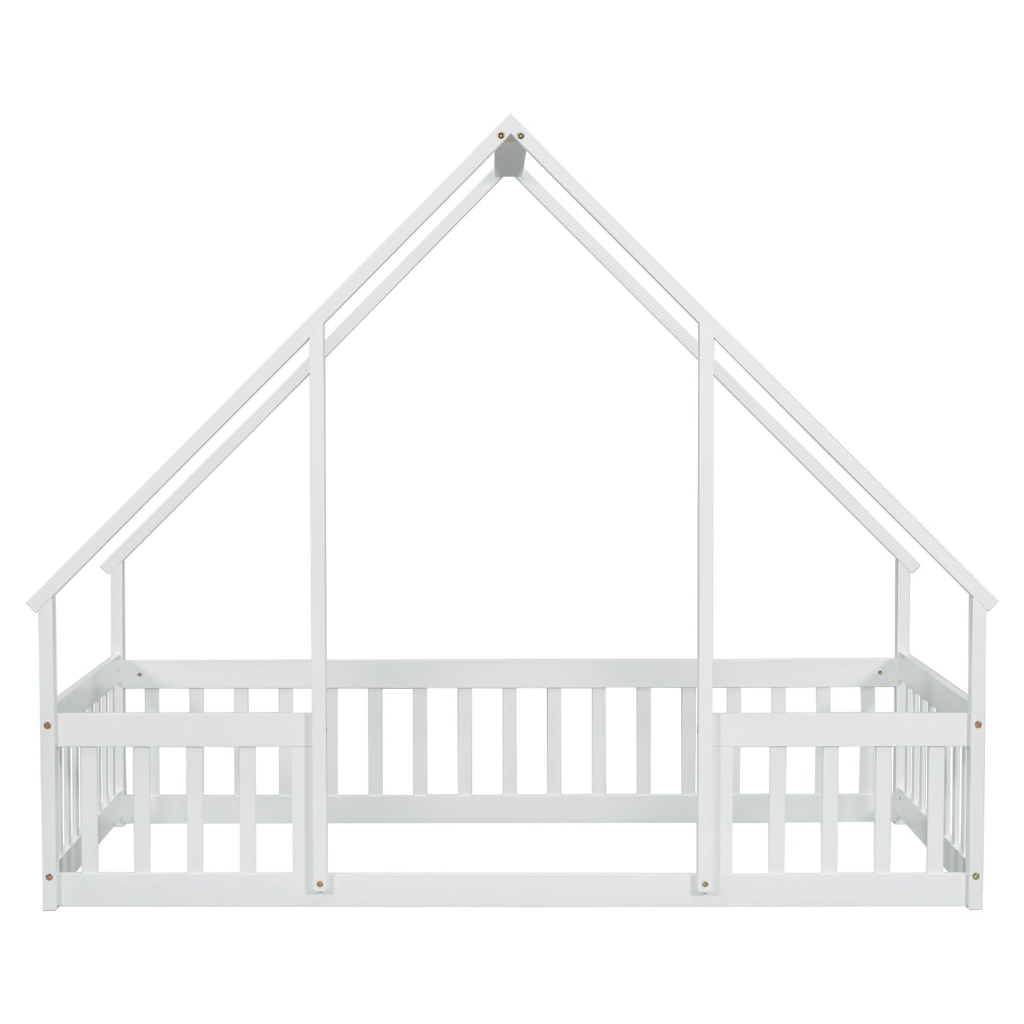 Twin Wood House-Shaped Floor Bed With Fence, Guardrails - White