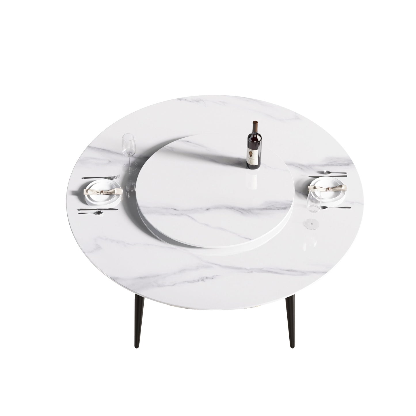 59.05" Modern Artificial Stone Round Metal Dining Table, Can Accommodate 6 People Artificial Stone Turntable - White / Black