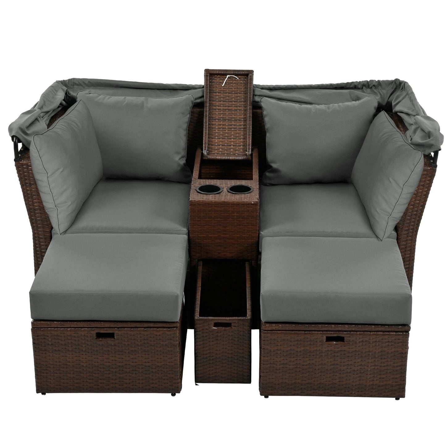 2 Seater Outdoor Patio Daybed Outdoor Double Daybed Outdoor Loveseat Sofa Set With Foldable Awning And Cushions For Garden, Balcony, Poolside - Gray
