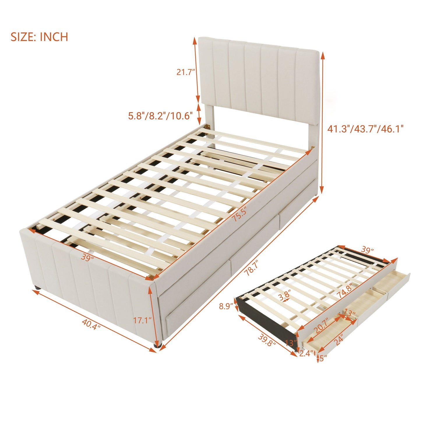 Twin Size Upholstered Platform Bed With Trundle And 3 Drawers - Beige
