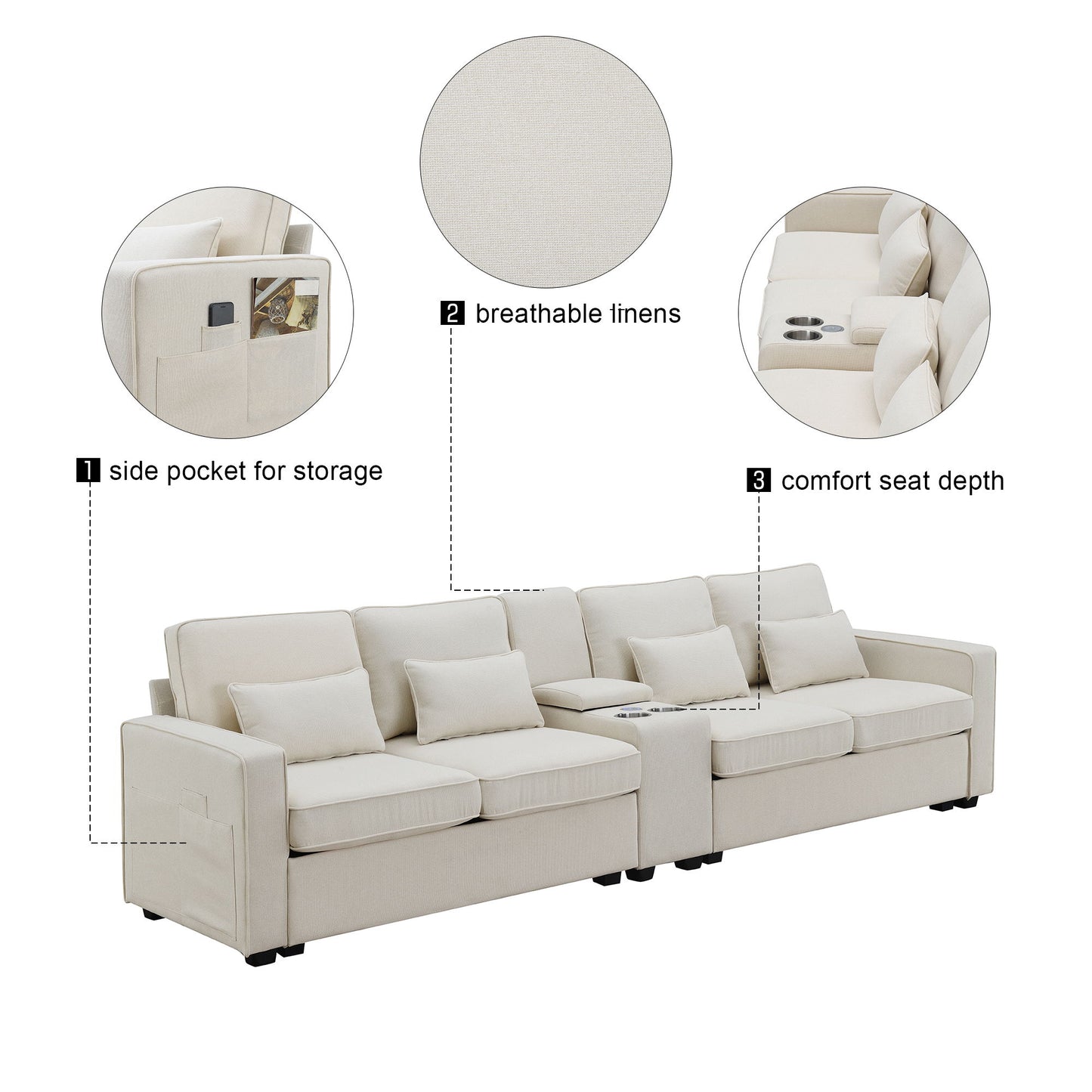 Upholstered Sofa With Console, 2 Cupholders And 2 USB Ports Wired Or Wirelessly Charged, Modern Linen Fabric Couches With 4 Pillows (4 Seat) - Beige