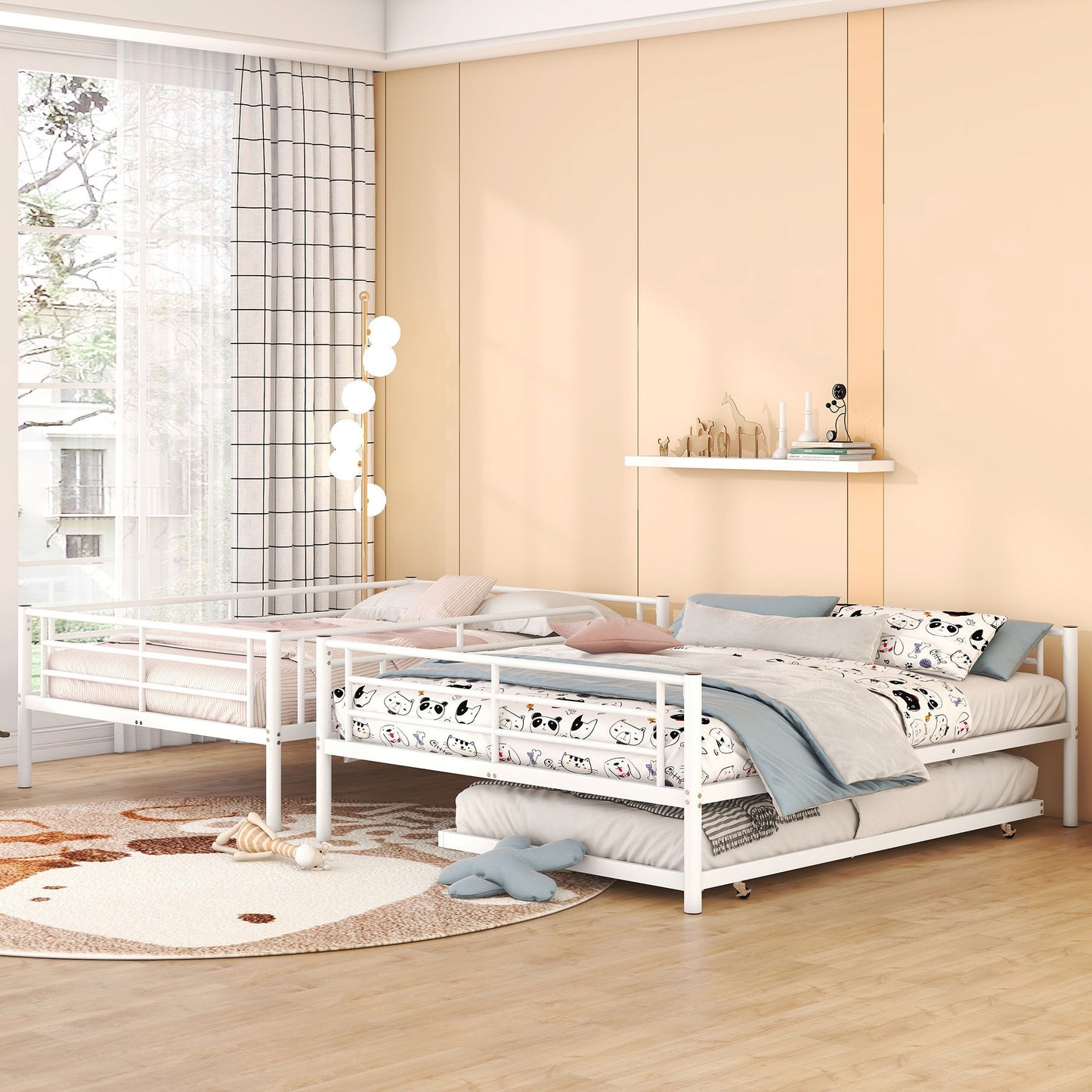 Full Long Over Queen Metal Bunk Bed With Trundle - White