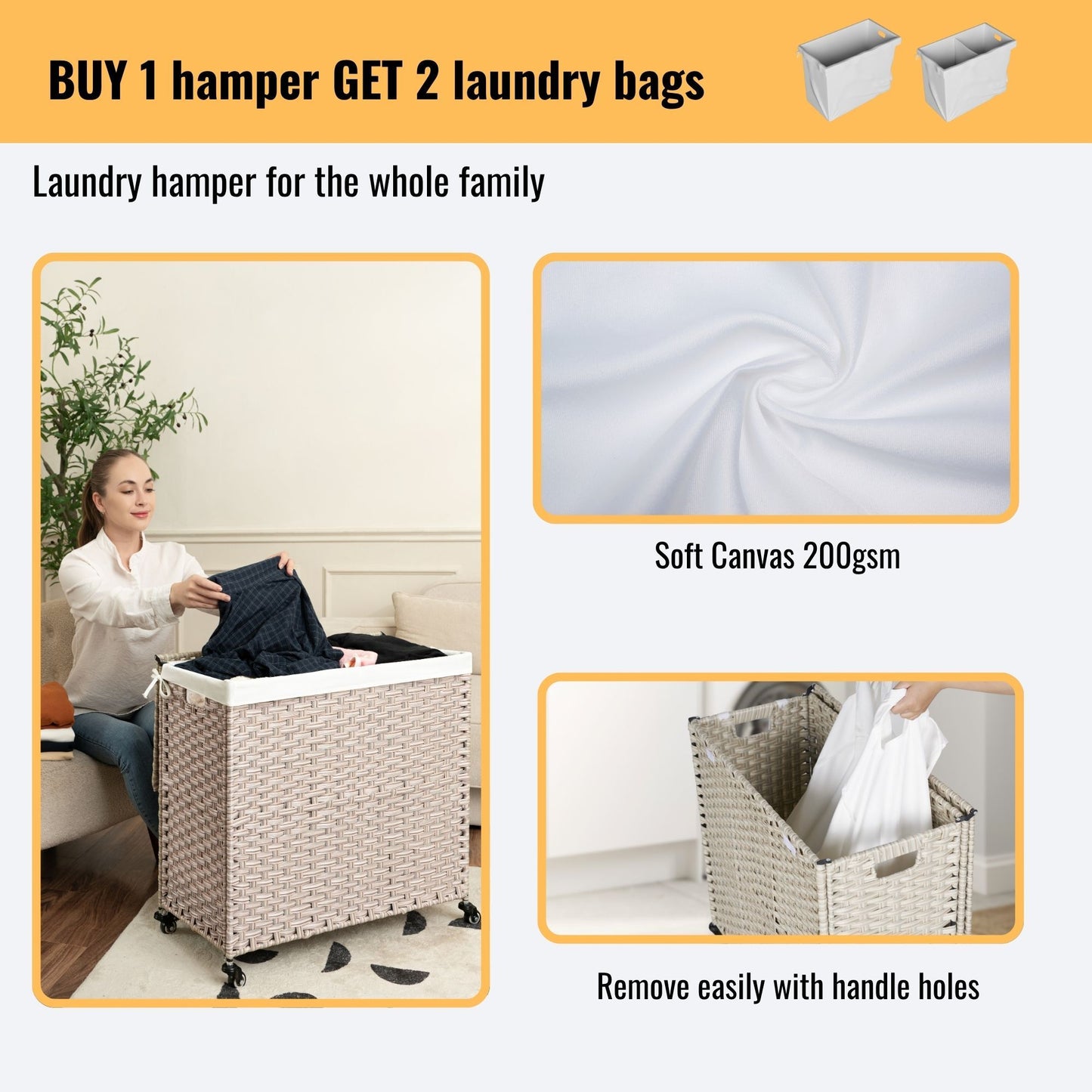 Laundry Hamper With Lid PE Rattan Powder Coating Frame Clothes Hampers With 2 Removable Bags, Wheels, 160L - Gray