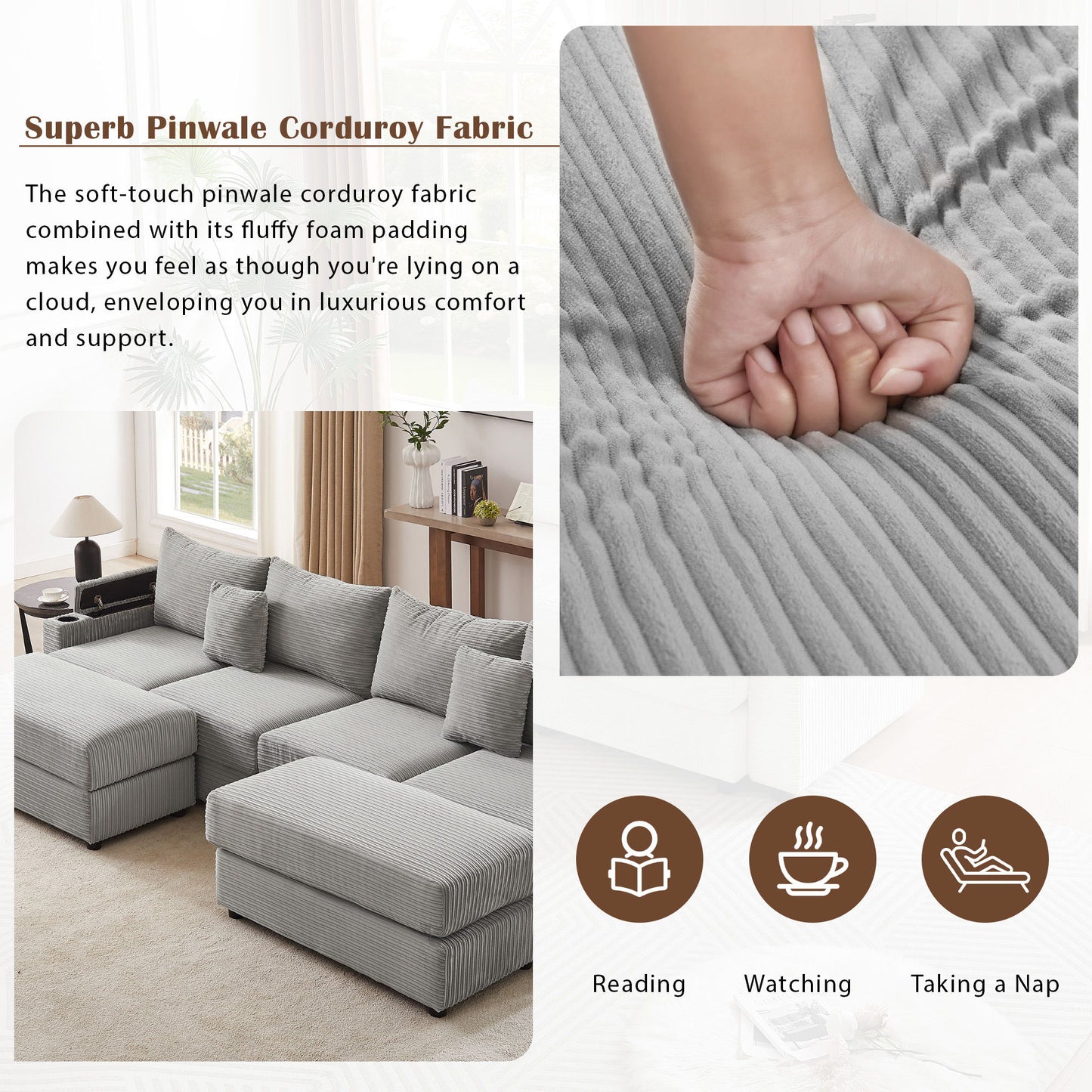Modern Style 4 - Seater Sofa Sectional Sofa Couch With Storage Space, Two Movable Ottomans, Two USB Ports, Two Cup Holders, A Phone Holder For Living Room - Gray