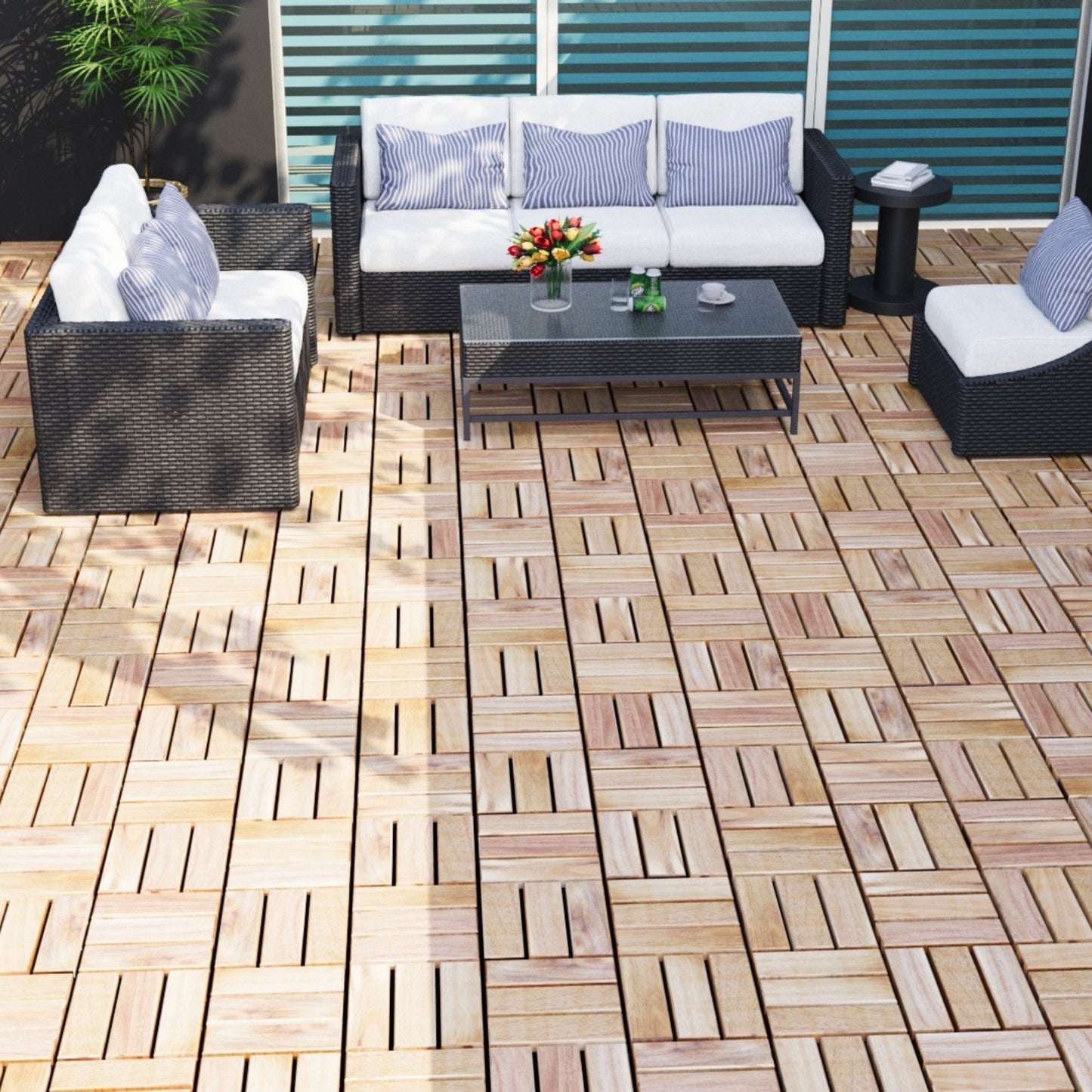30 Piece Interlocking Deck Tiles Checker Pattern, Square Acacia Hardwood Outdoor Flooring For Patio, Bancony, Pool Side - Yellow