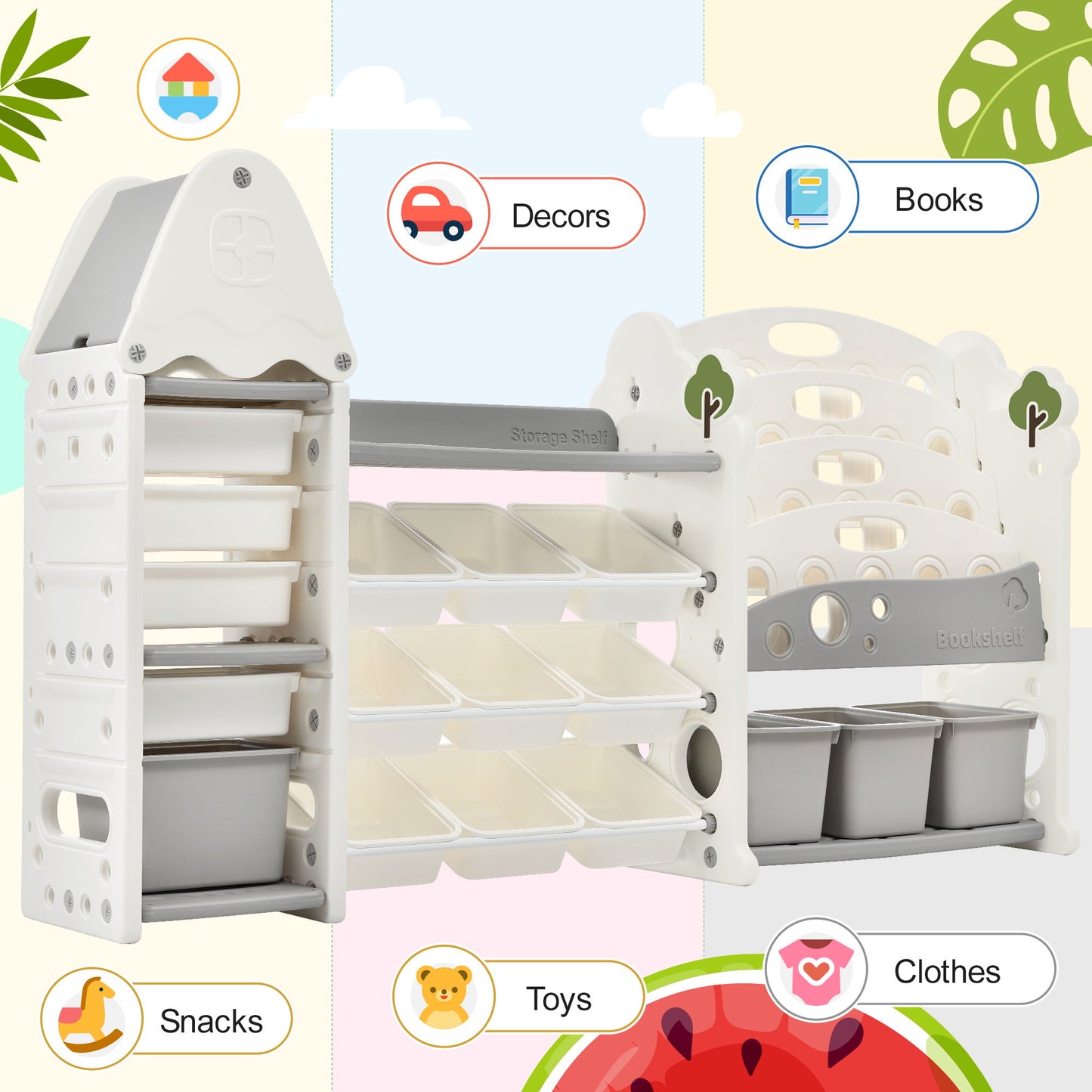 Kids Bookshelf Toy Storage Organizer With 17 Bins And 5 Bookshelves, Multi-Functional Nursery Organizer Kids Furniture Set Toy Storage Cabinet Unit With HDPE SheLF And Bins - Gray