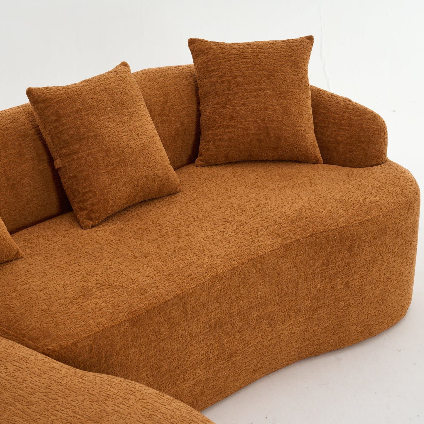 Compression Sofa: Combining Chaise Longue With 3 Seater, Wood Grain Chenille Fabric, Full Sponge Compression Sofa, Combined Sofa With 4 Pillows For Living / Home Furniture / Apartment - Orange