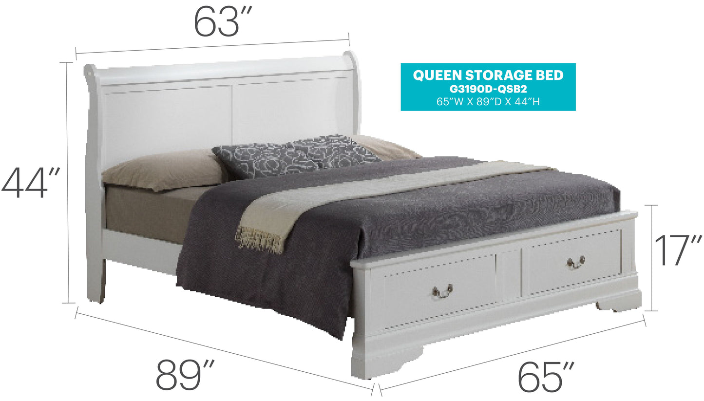 Louis Phillipe - Queen Elegant Storage Bed - White