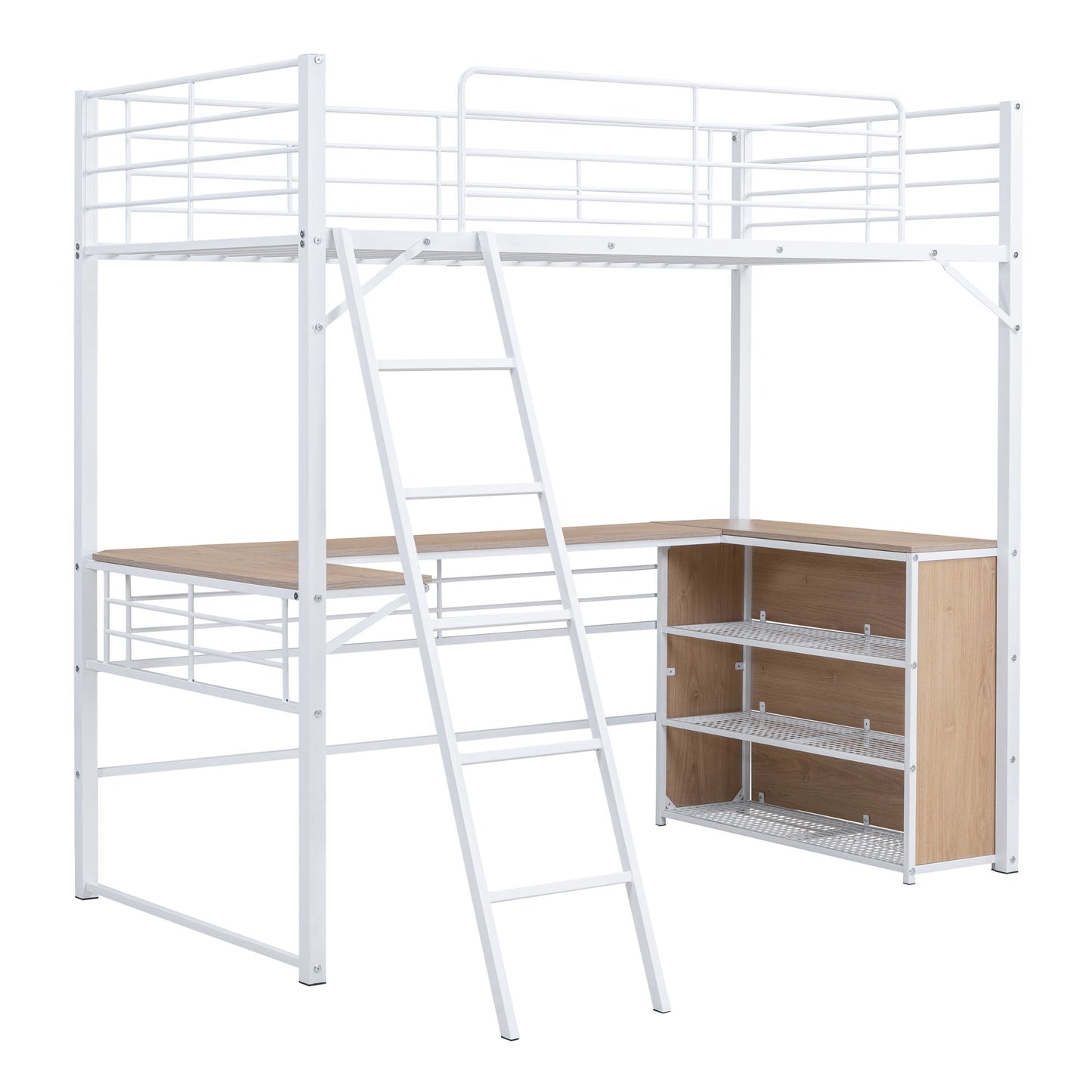 Twin Size Loft Bed With 3 Layers Of Shelves And L-Shaped Desk - White