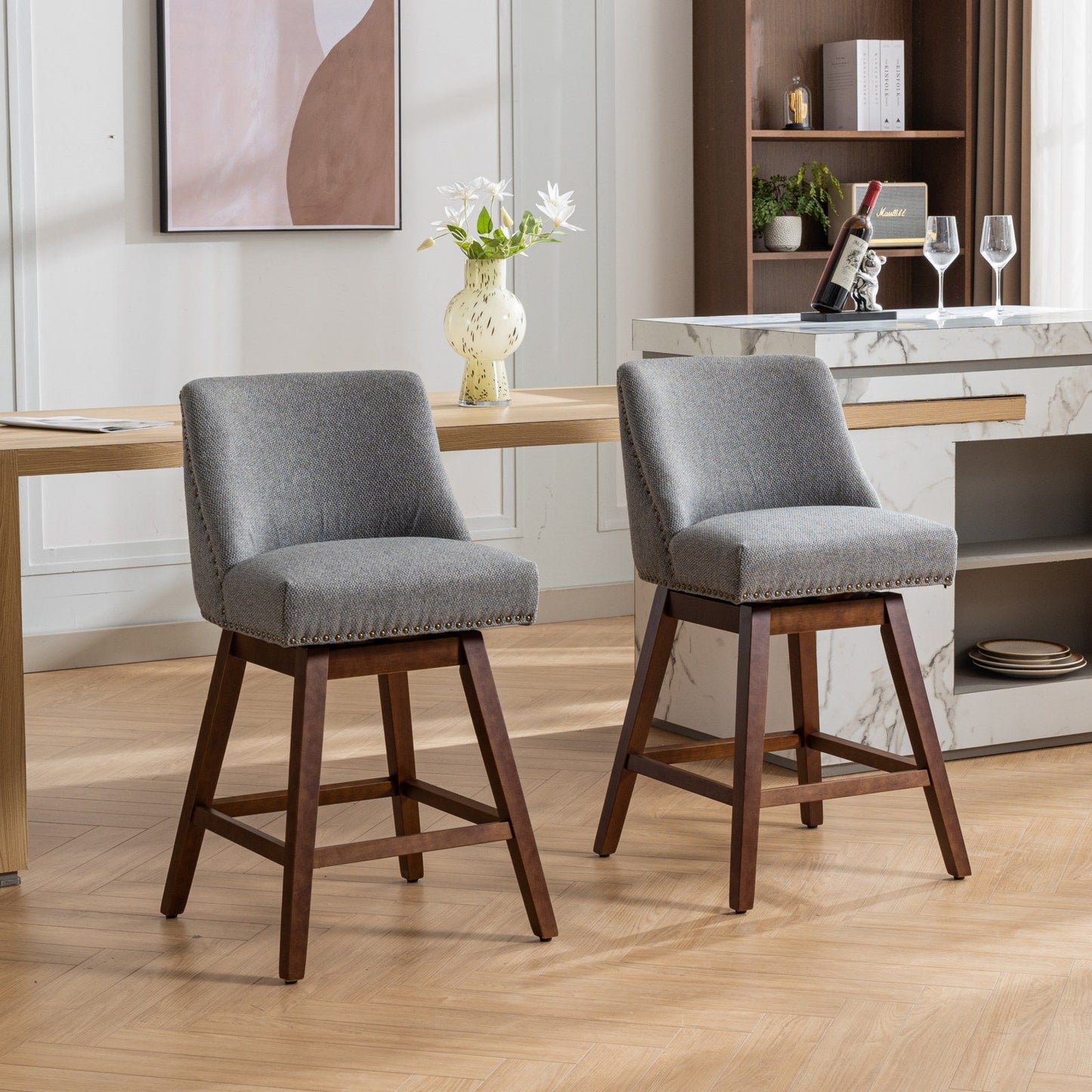 Counter Height Swivel Barstools, 26'' H Seat Height Upholstered Bar Stools (Set of 2), Fabric - Gray