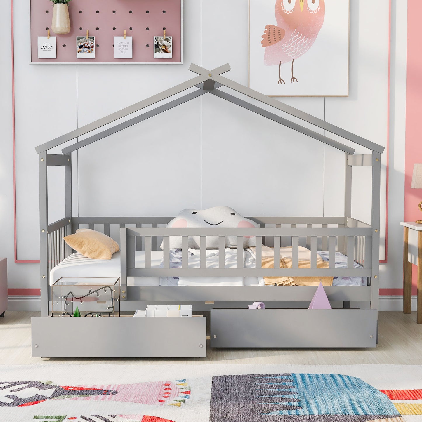 Twin Size House Bed With 2 Drawers - Gray