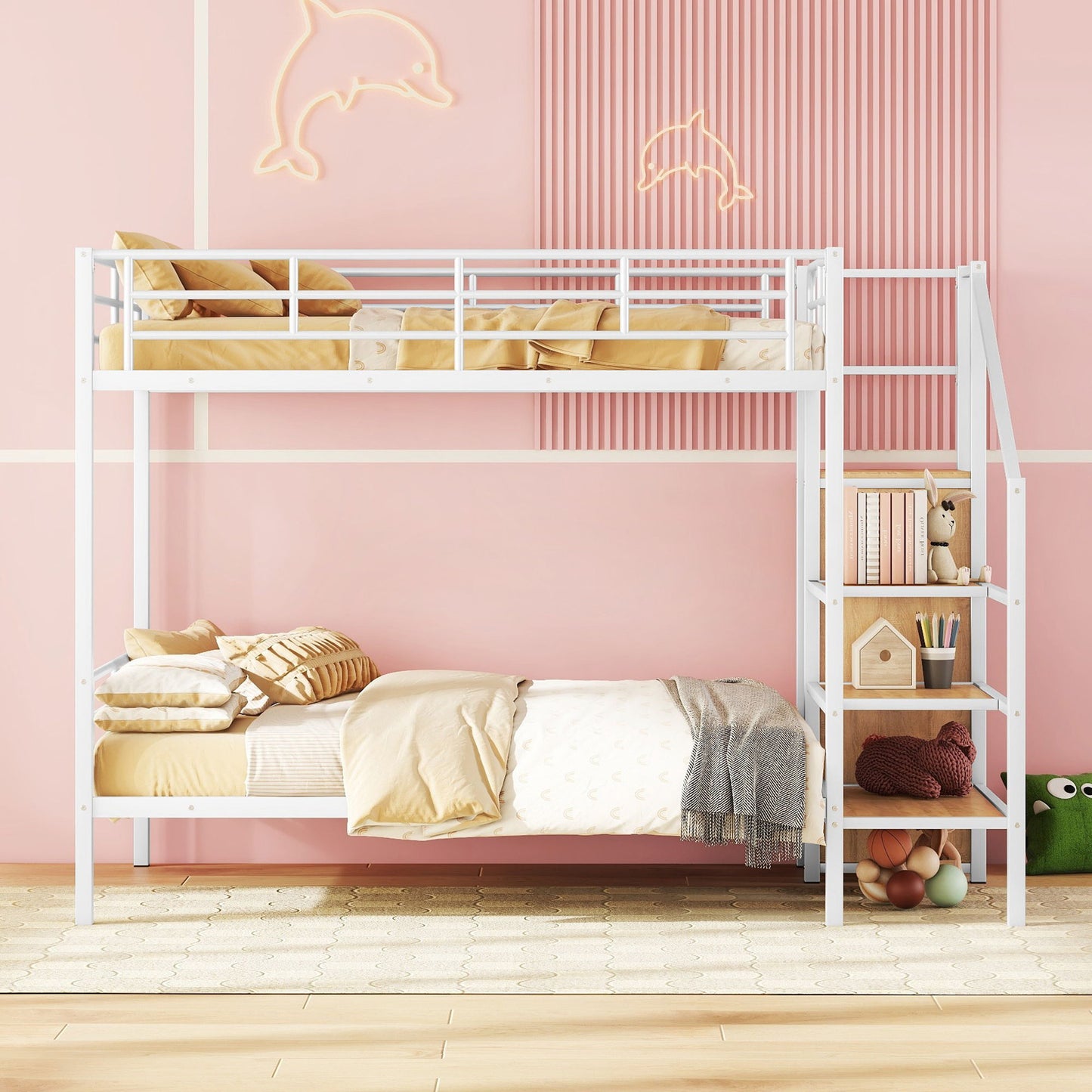 Full Over Full Bunk Bed With Lateral Storage Ladder And Wardrobe - White