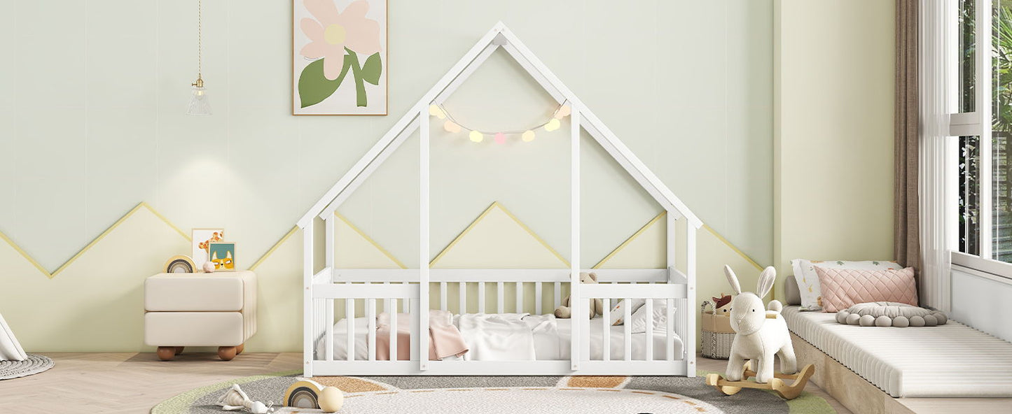 Twin Wood House-Shaped Floor Bed With Fence, Guardrails - White