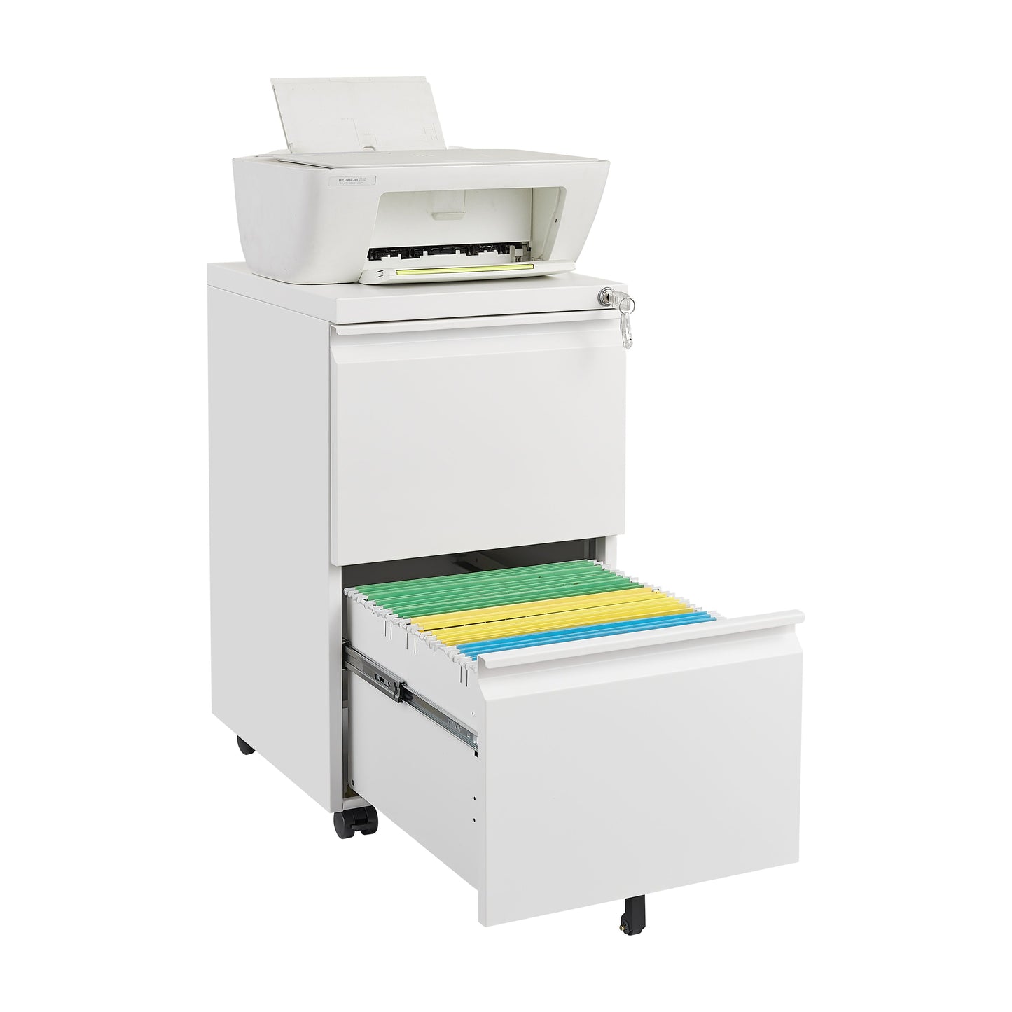 Metal 2 Drawer Mobile File Cabinet With Lock, Under Desk Office Steel Filing Cabinet, 25.6''H Legal / Letter Size Files Storage Cabinet - White