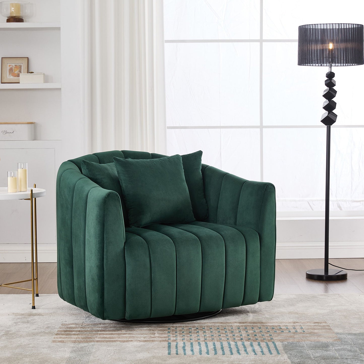 Upholstered Oversized 360 Degree Swivel Accent Barrel Chair And Half Cozy Sofa With 3 Pillows, Channel Tufted Pumpkin Shape Club Armchair For Living Room, Bedroom, Office, Lounge - Green