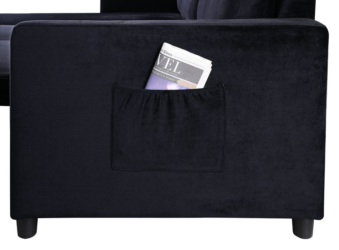 Ivy - Velvet Reversible Sleeper Sectional Sofa With Storage Chaise And Side Pocket - Black