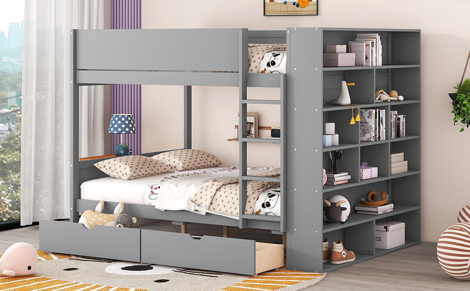 Full Over Full Bunk Bed With 2 Drawers And Multi-Layer Cabinet - Gray