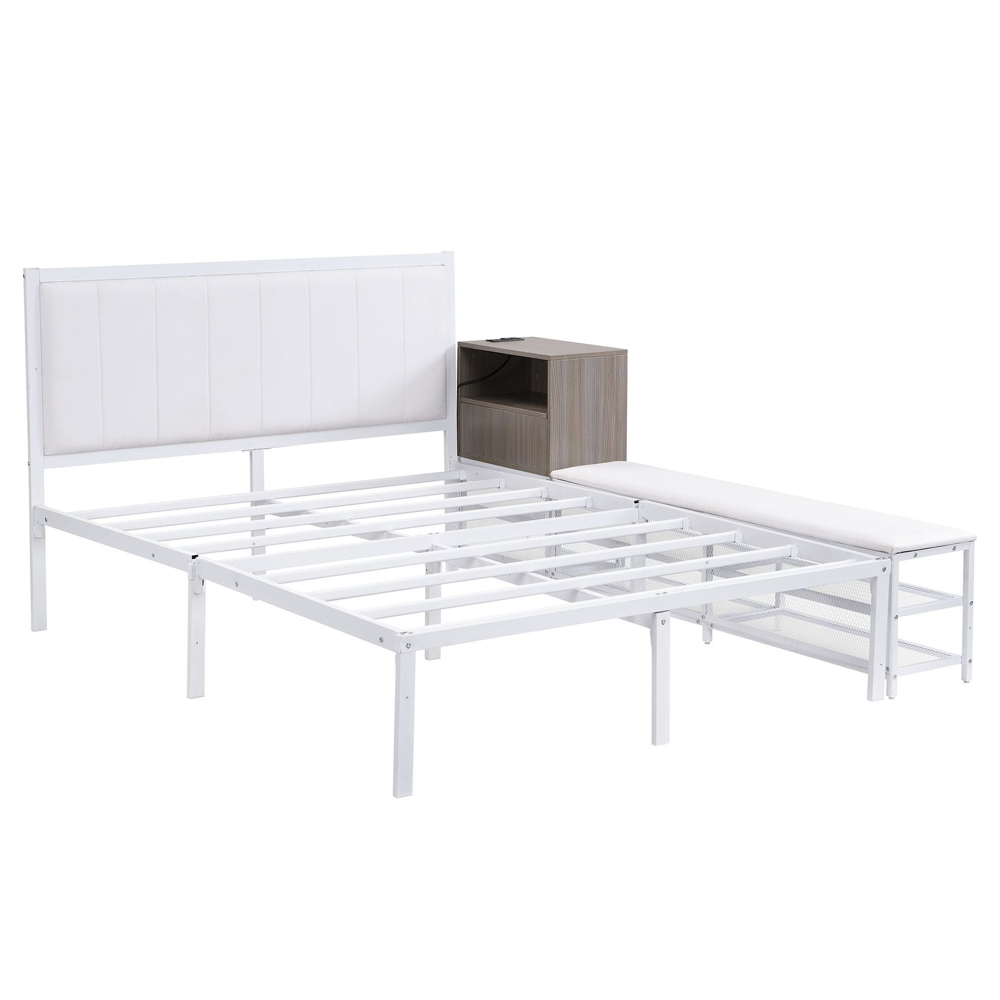 Full Size Platform Bed With 2 Tier Storage Shelves, Storage Cabinet - White