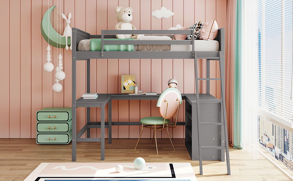 Full Size Loft Bed With Shelves With Desk - Gray
