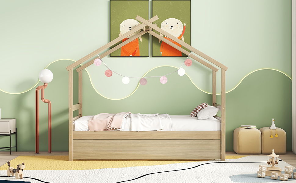 Twin Size House-Shaped Bed With Trundle - Natural