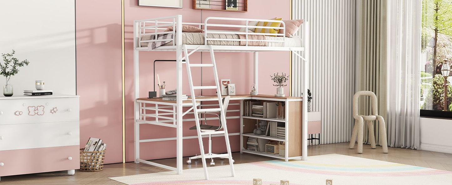 Twin Size Loft Bed With 3 Layers Of Shelves And L-Shaped Desk - White