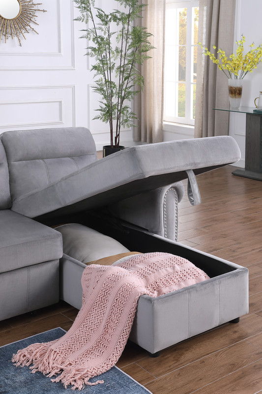 Ashton - Velvet Fabric Reversible Sleeper Sectional Sofa Chaise - Gray