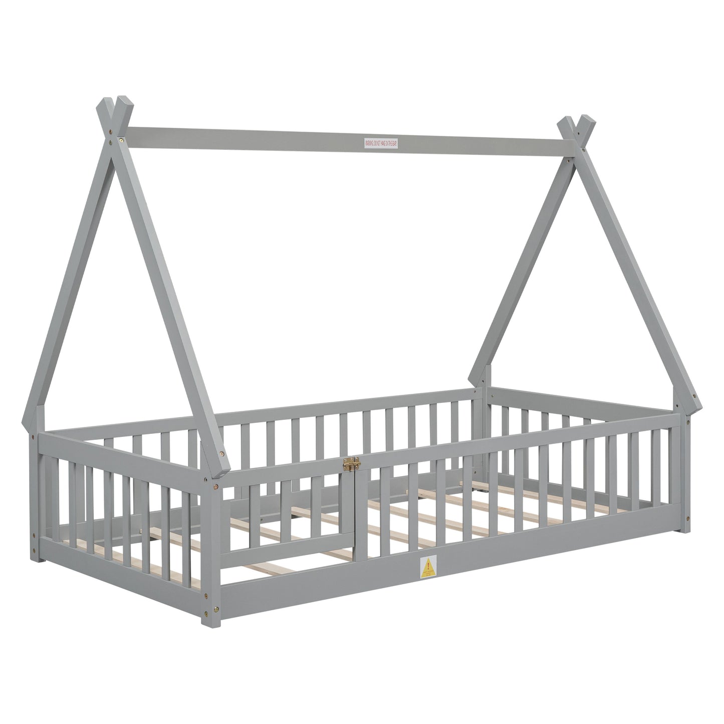 Twin Tent-Shaped Floor Bed, With Guardrails, Slats, Door - Gray