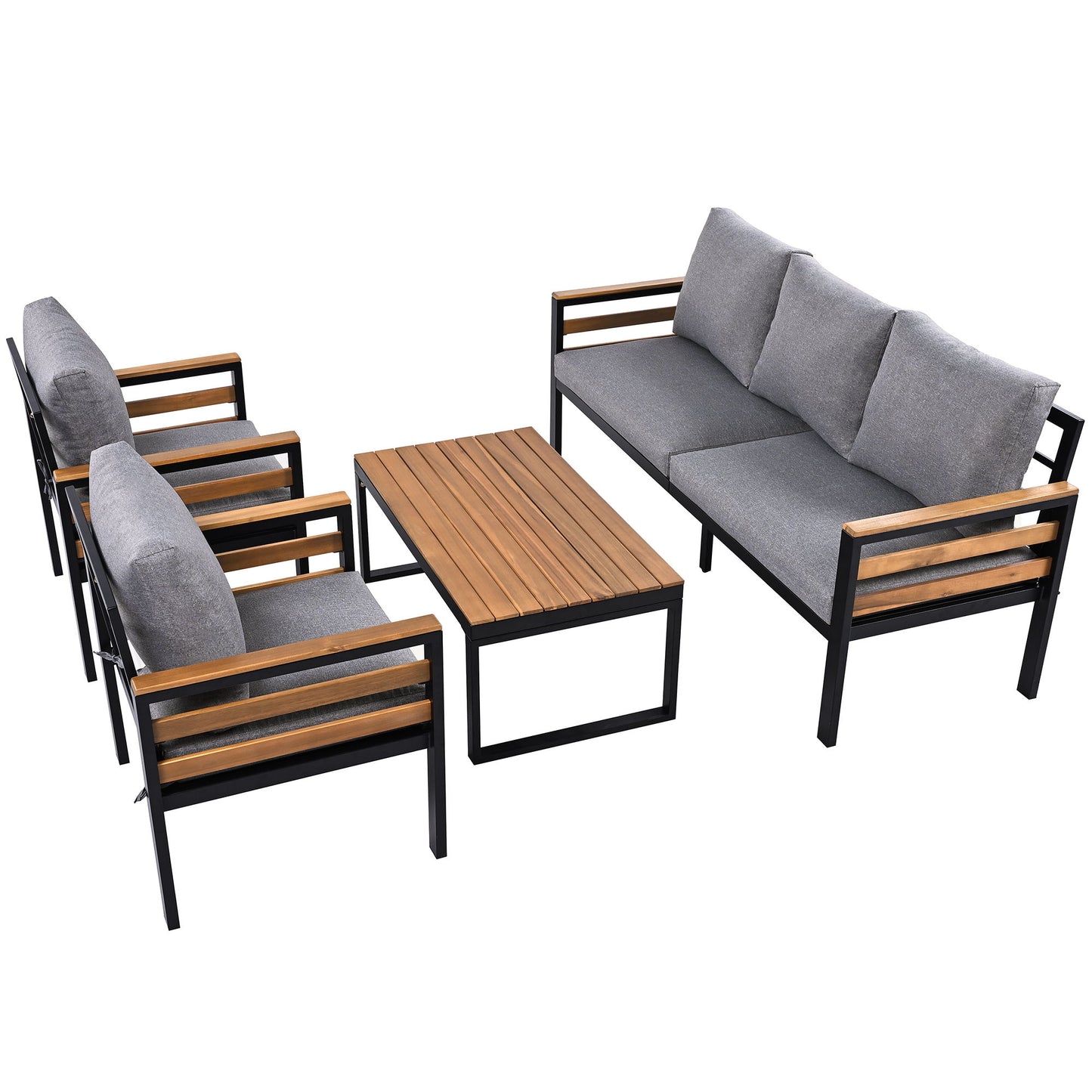 4 Piece Outdoor Furniture Sofa Set For 5 People With Acacia Wood Armrests, Patio Conversation Set With Removable Cushion And Solid Wood Coffee Table For Garden And Backyard - Gray