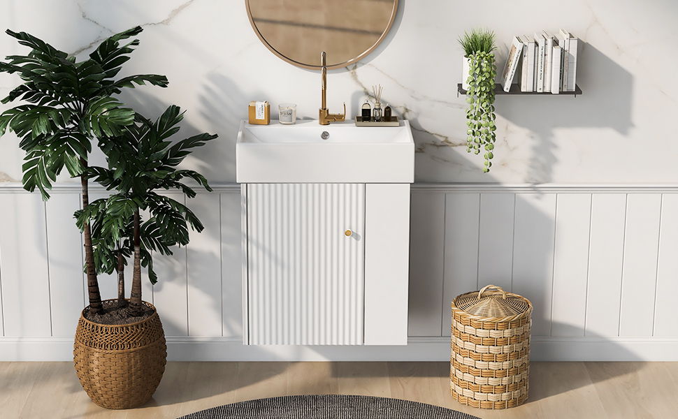 Modern Floating Bathroom Vanity With Ceramic Basin Perfect For Small Bathrooms, Right Side Storage - White