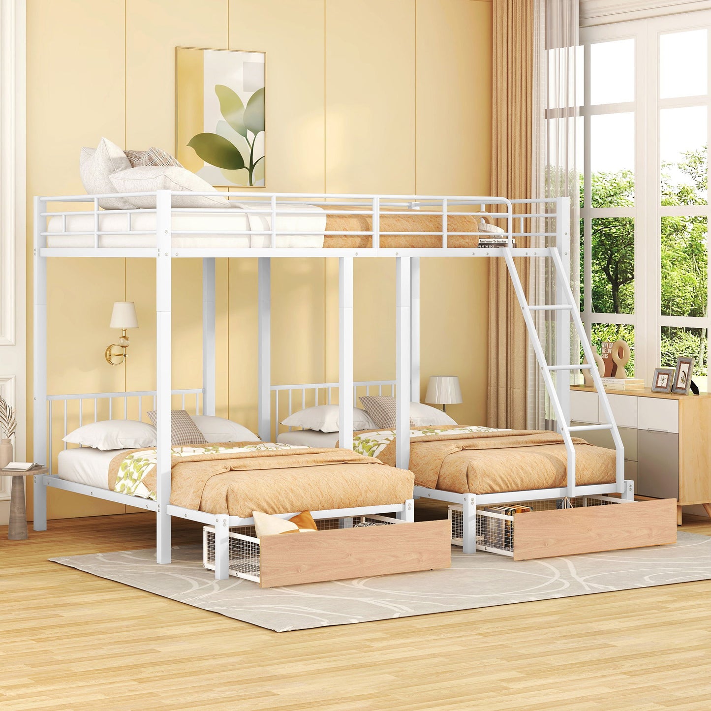 Full Over Twin & Twin Bunk Bed, Triple Bunk Bed With Drawers And Guardrails - White