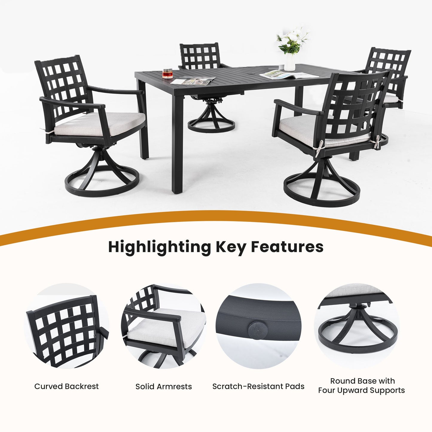5 Pieces Outdoor Patio Dining Set, Rectangular Table & 4 Swivel Rock Dining Chairs With Sunbrella Cushion - Ember Black
