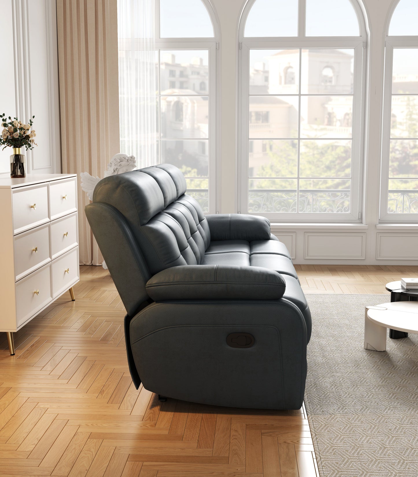 Genuine Leather Non-Power Reclining Sofa With Drop Down Table, Stainless Steel Cupholders And Magazine Bag - Blue