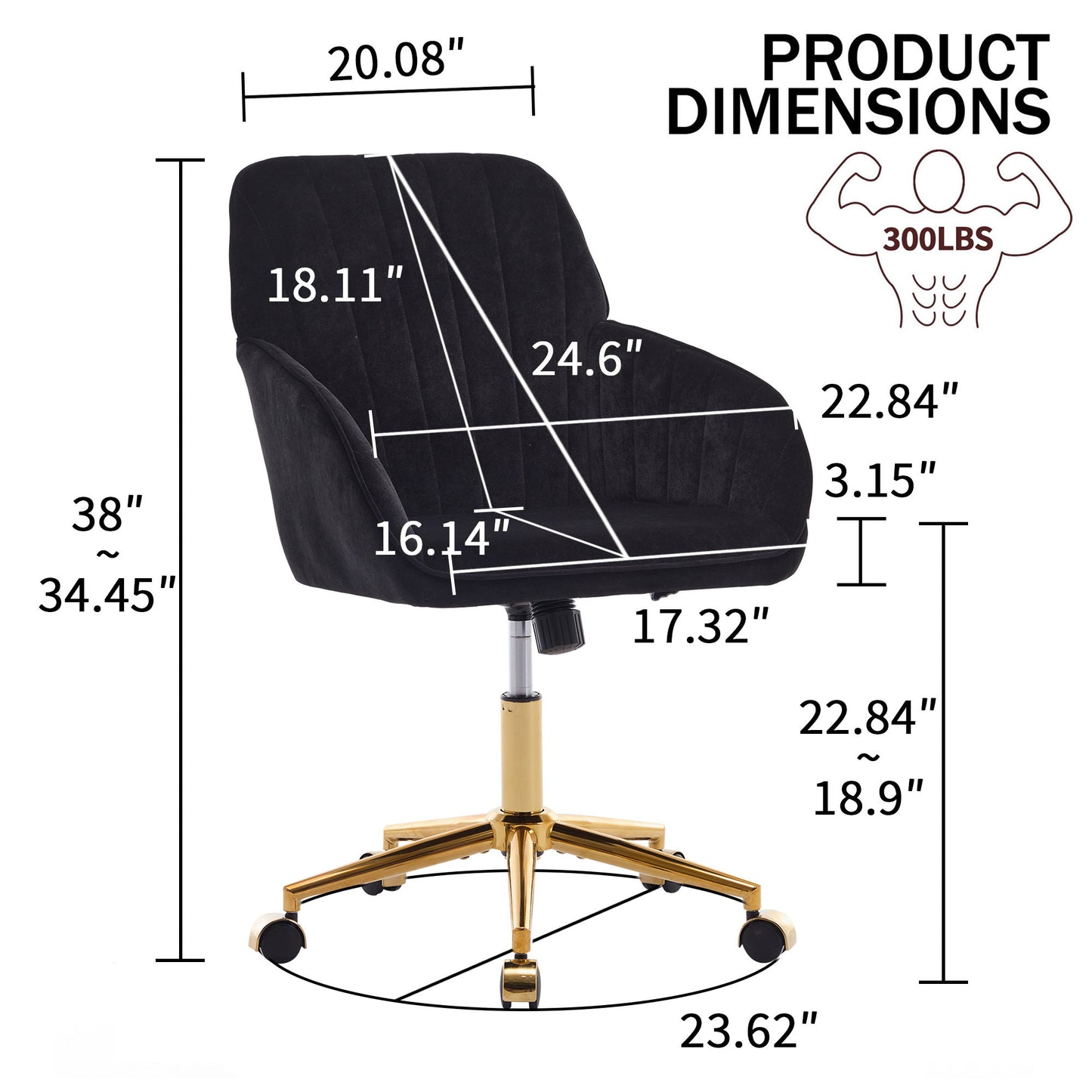 Adjustable Office Chair, Ergonomic Swivel Chair Velvet, Comfortable For Long Sitting - Black
