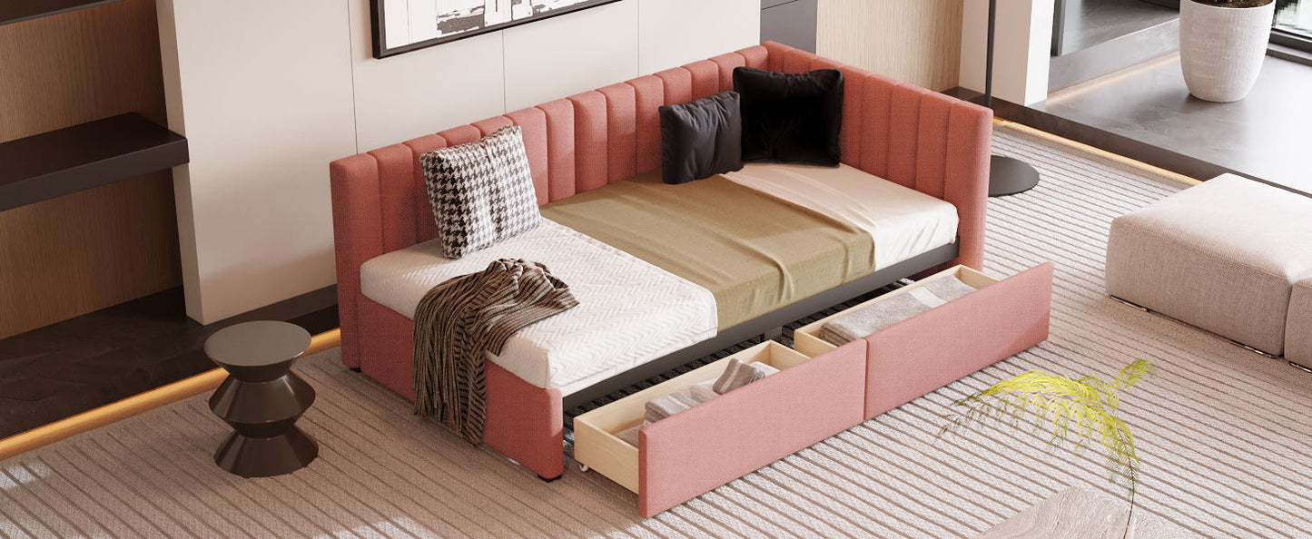 Twin Size Upholstered Daybed With 2 Storage Drawers, Sofa Bed Frame No Box Spring Needed - Pink