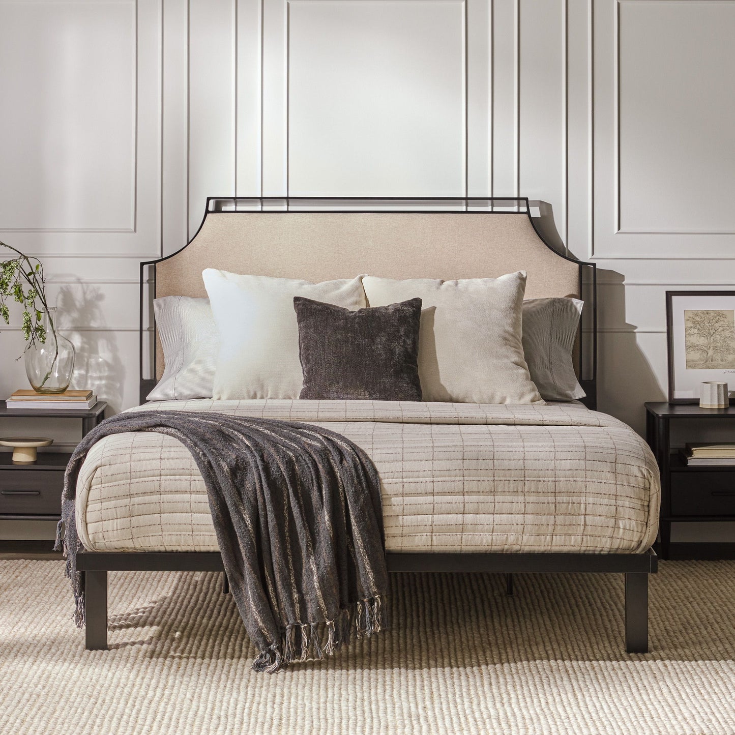 Queen Bed Frame Traditional Upholstered Metal - Tan
