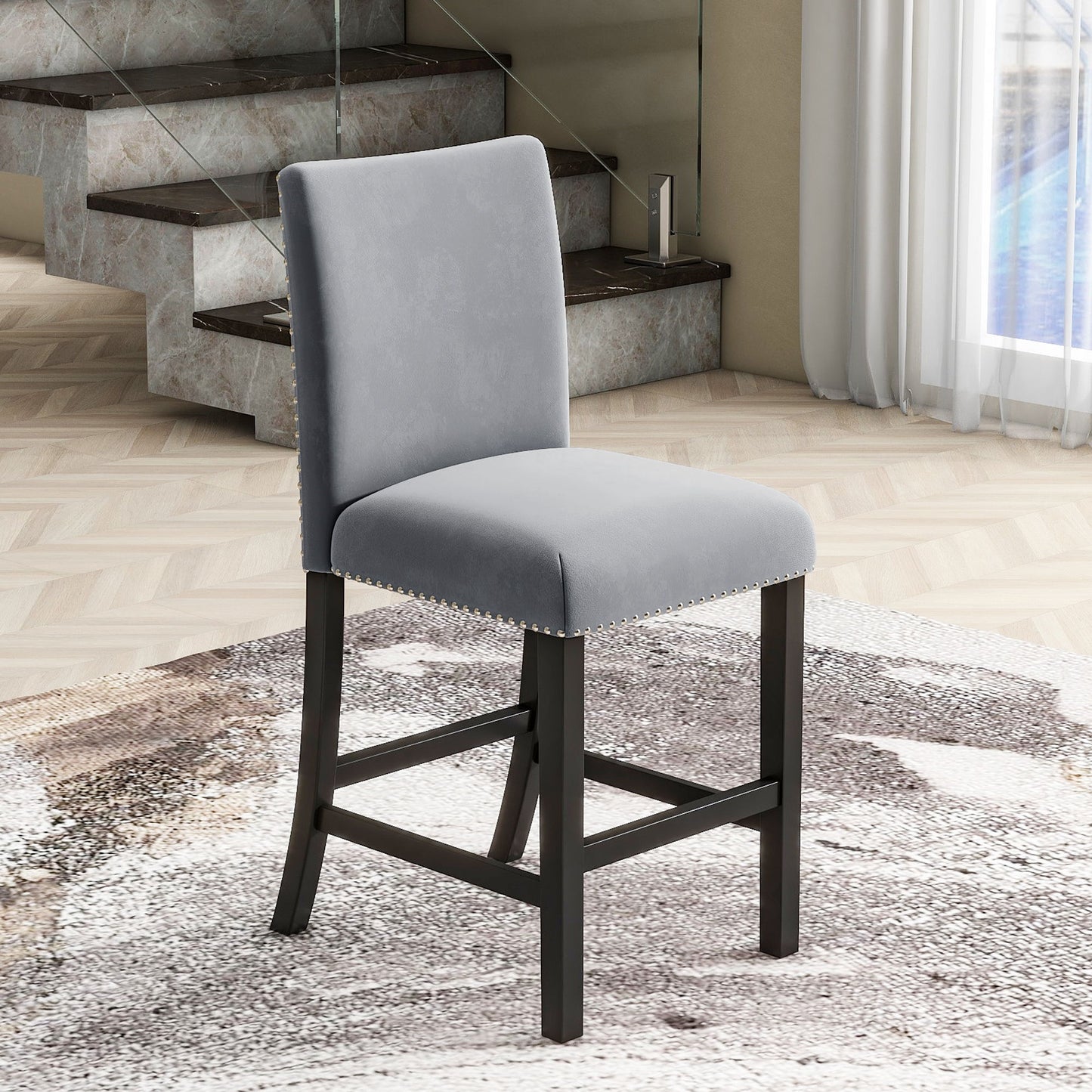 5-Piece Counter Height Dining Table Set With One Faux Marble Top Dining Table And Four Velvet Upholstered Chairs - Gray