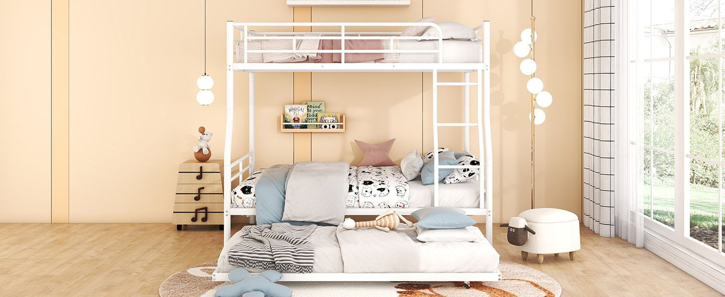 Full Long Over Queen Metal Bunk Bed With Trundle - White