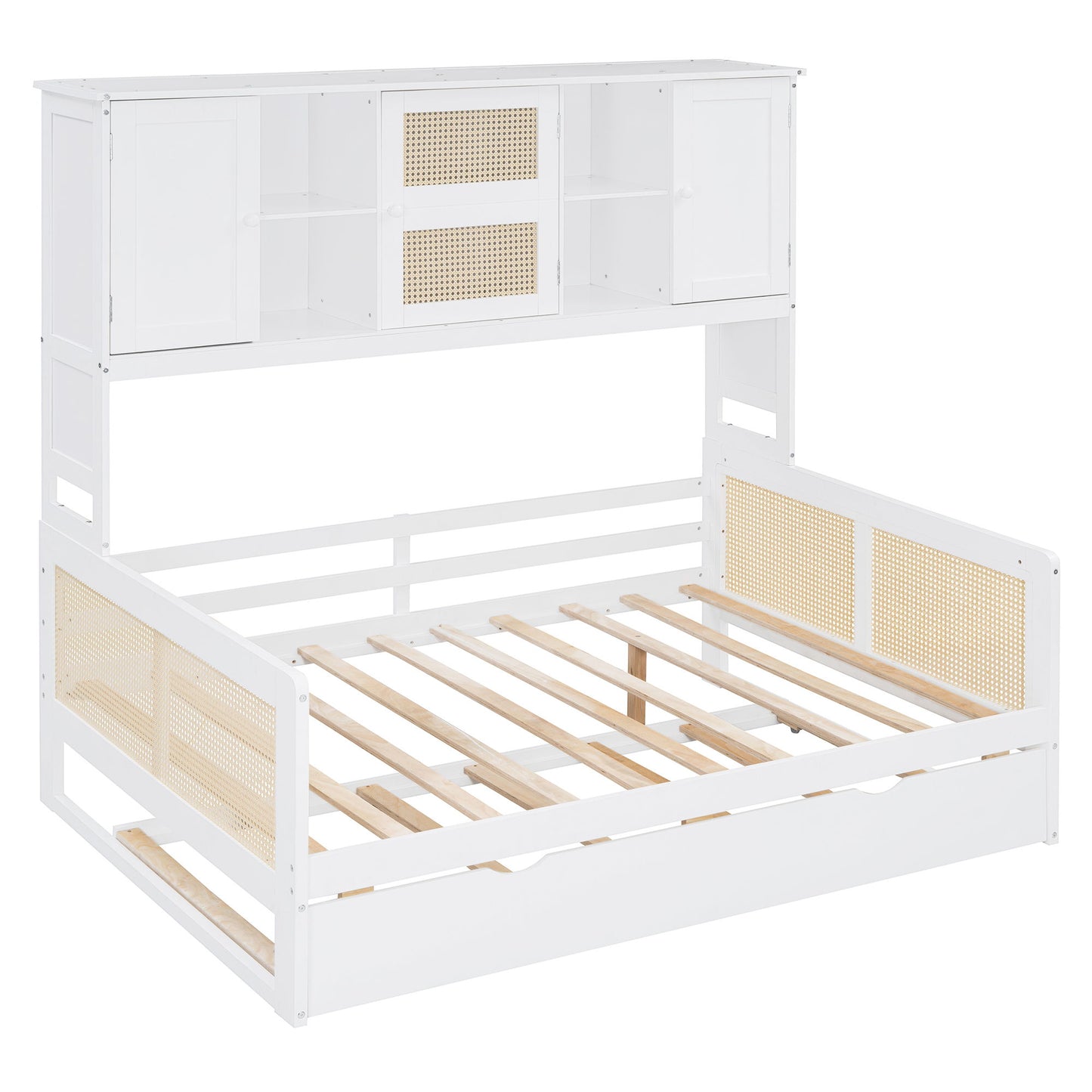 Full Size Wooden Daybed & Twin Size Trundle, And All In One Cabinet And Shelf - White