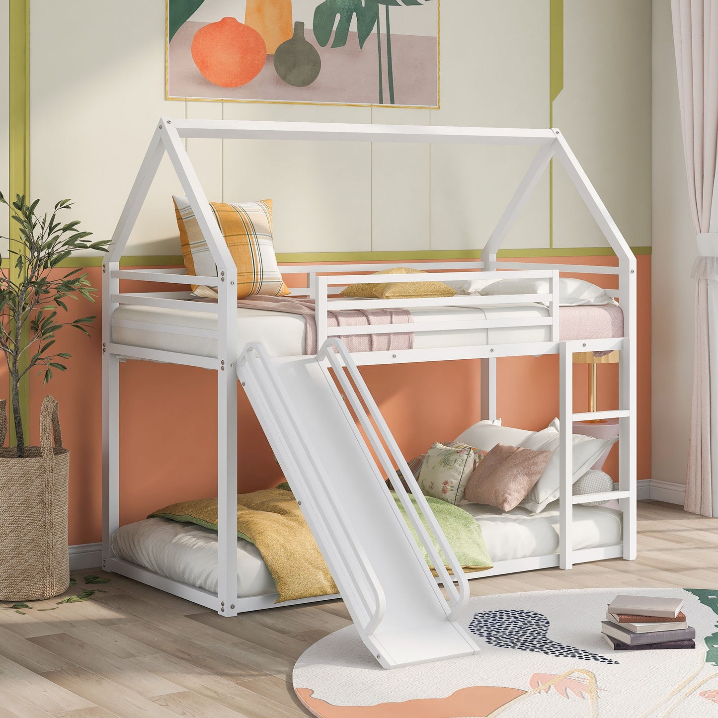 Twin Over Twin House Bunk Bed With Ladder And Slide - White