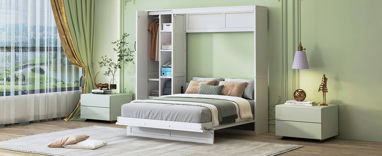 Full Size Murphy Wall Bed With Shelves, Wardrobe And LED Lights - White