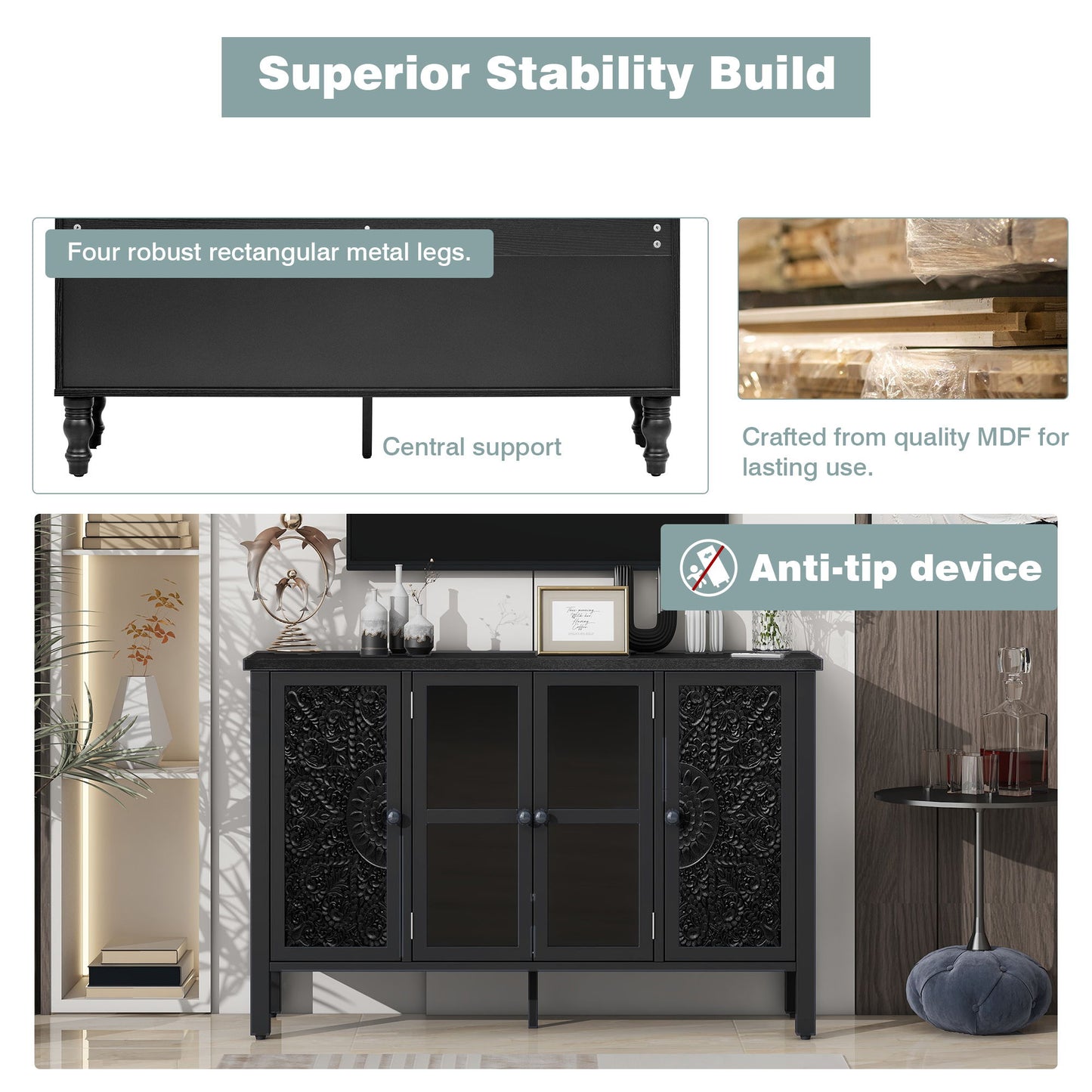 Retro TV Stand For TVs Up To 43", Entertainment Center Media Console Cabinet With 3 Spacious Cabinets, Glass Cabinet Doors And Anti-Tip Device For Living Room - Black