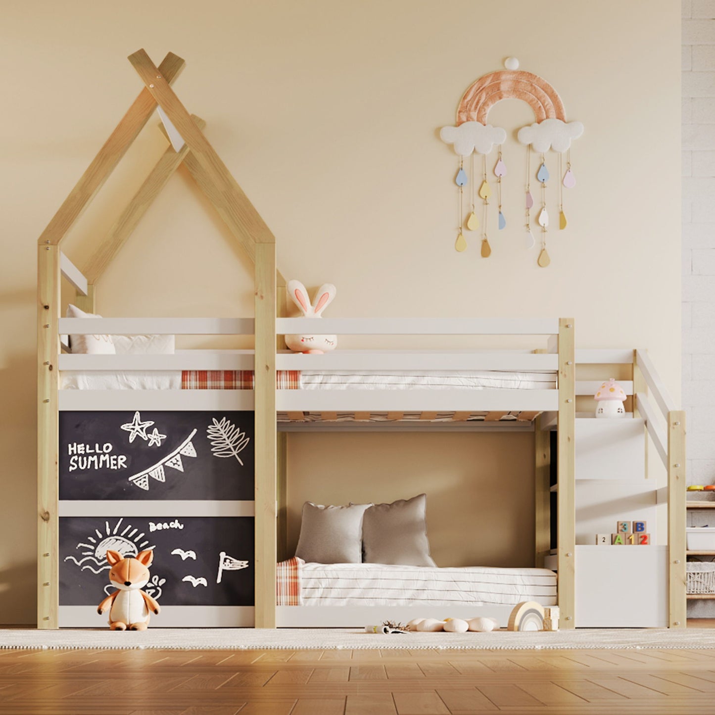 Twin Over Twin House Bunk Bed With White Storage Staircase And 2 Blackboards - White / Natural