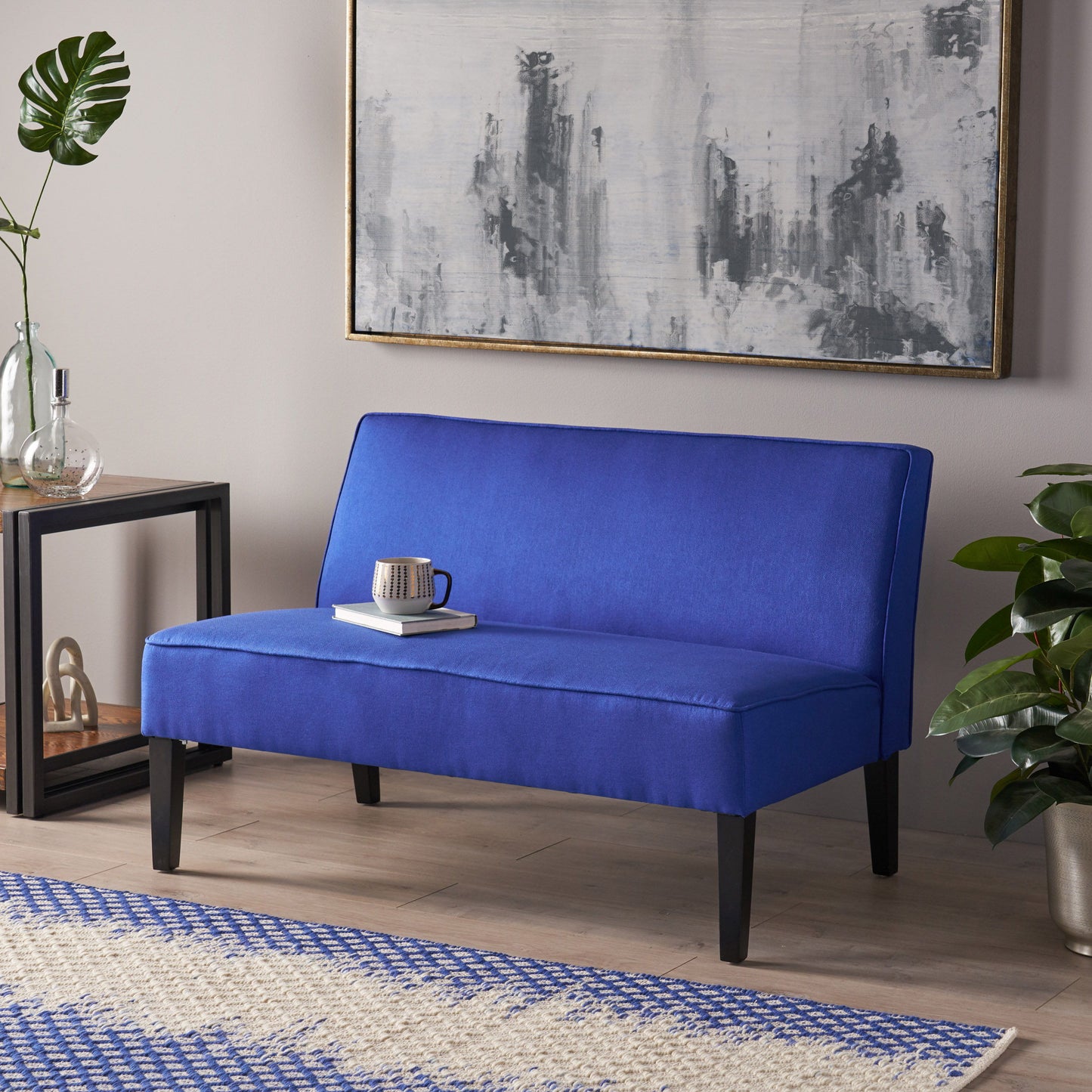 Contemporary Loveseat With Upholstered Fabric And Birch Wood Legs - Navy Blue