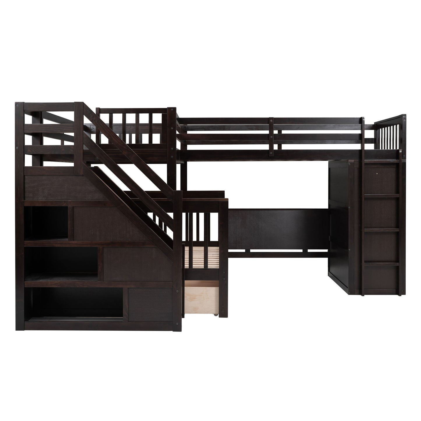Twin Twin Over Full L Shaped Bunk Bed With 3 Drawers, Portable Desk And Wardrobe - Espresso