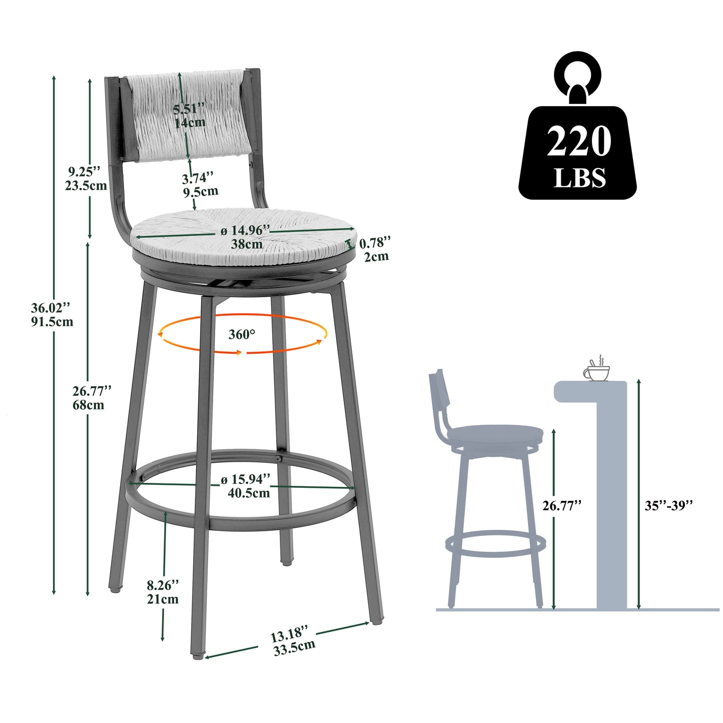 Honey Swivel Bar Stools Paper Rope Handwoven Barstools With Back (Set of 2) Rustic Round Counter Chairs For Dining Room, Kitchen Island - Honey